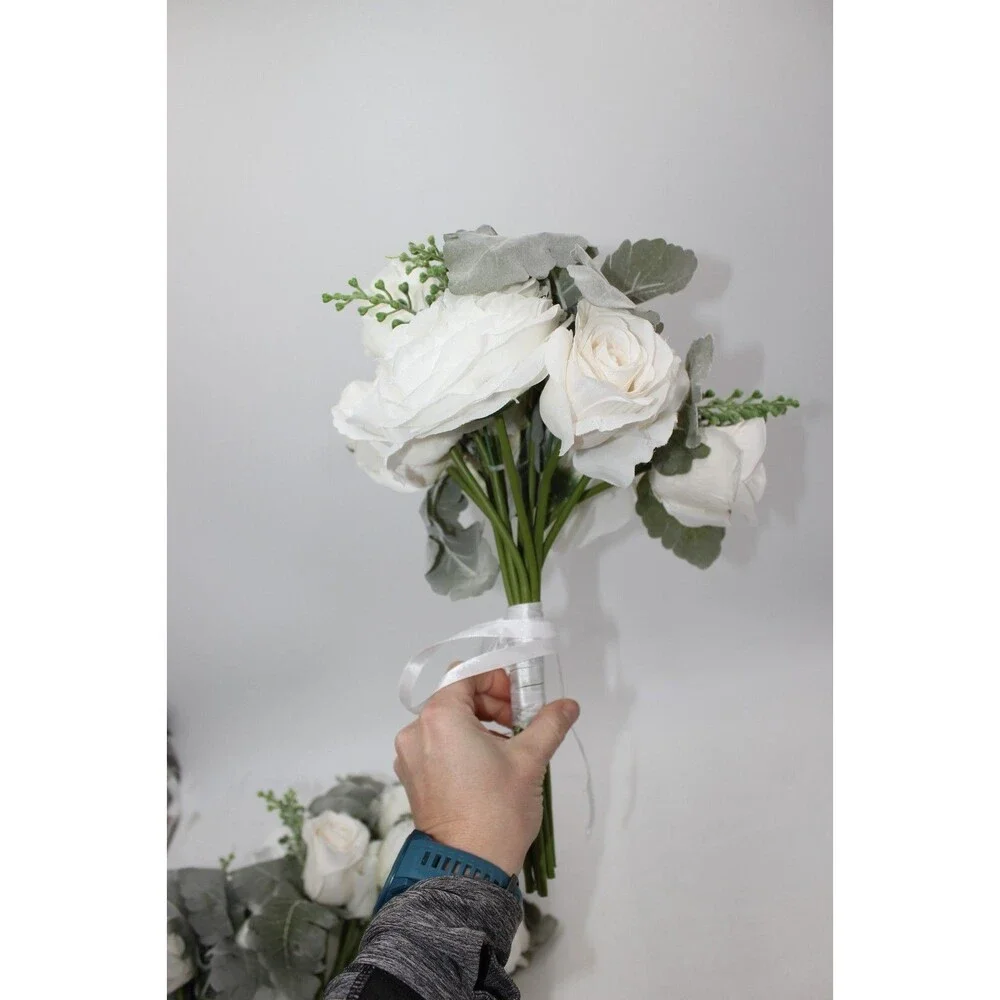 Wedding Artificial Flower Bouquet Lot of 3 Bridesmaid Bridal Flower Girl WHITE